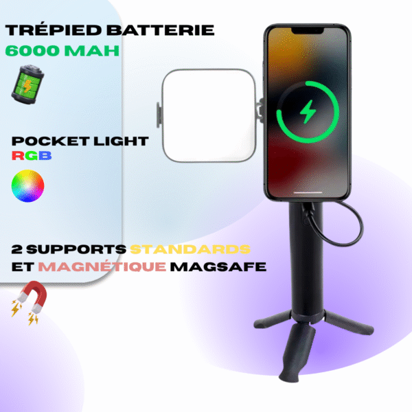 trépied smartphone magsafe avec batterie externe 6000mah & Éclairage pocket light